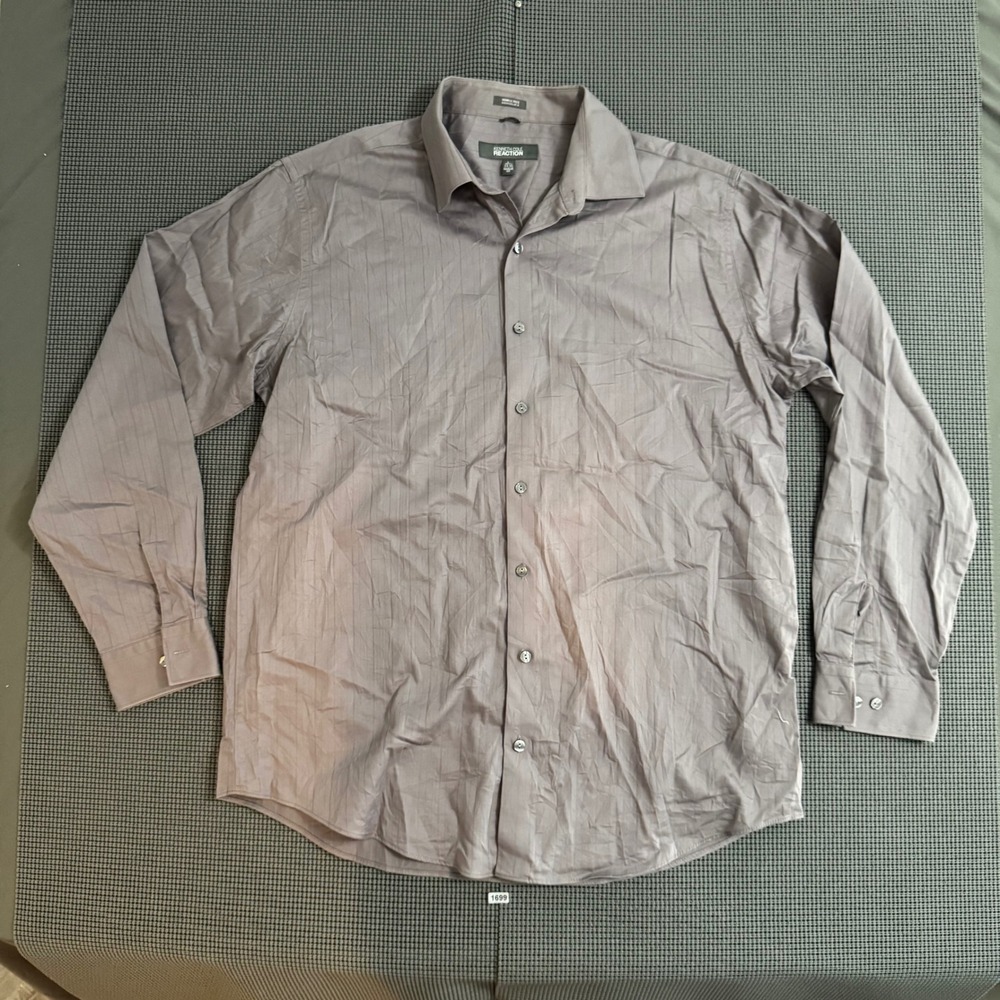 Kenneth Cole Reaction Mens Grey Striped Dress Shirt 16.5 34-35 Regular Fit